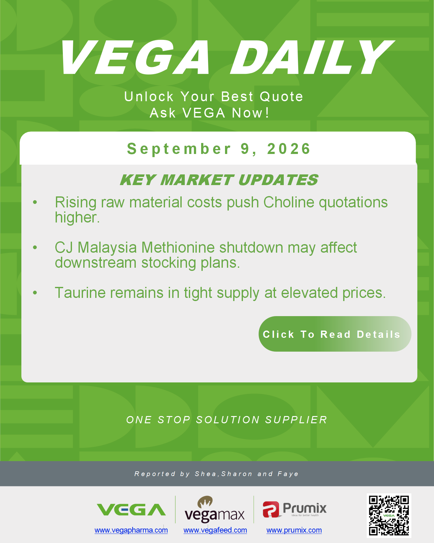VEGA Daily 20260909 Choline Methionine Taurine raw material cost tight supply.png